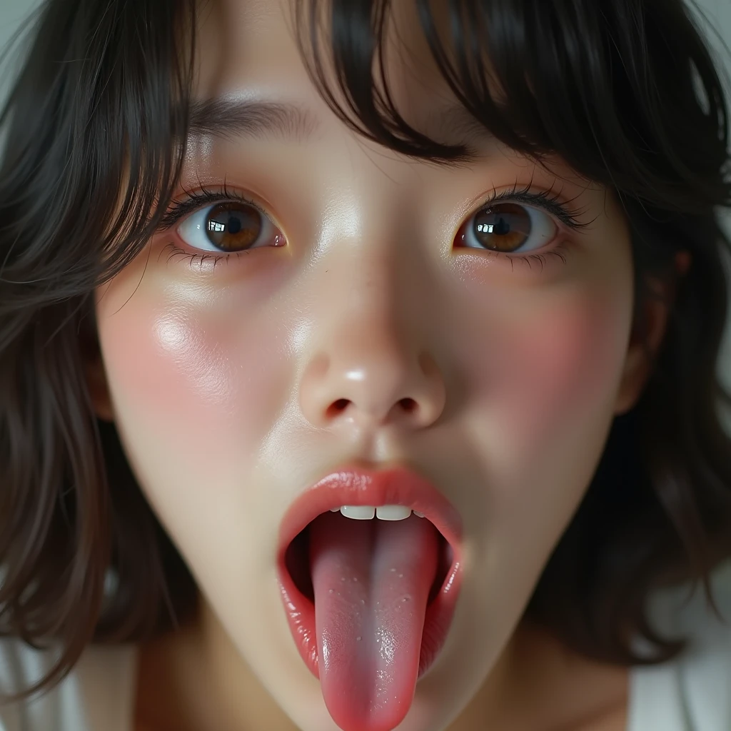 tongue out, Beautiful face, big breasts, vagina without fleece, eyes looking up, mouth dripping with red, black painted eyes, 8k, Masterpiece, ultra realistic