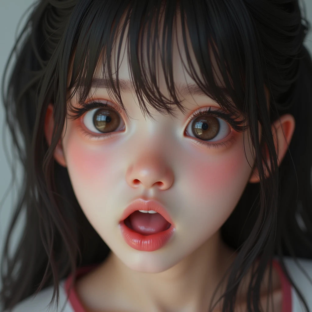 Photo Real、photoRealstic、girl1 A dark-haired、Blunt bangs、dishevled hair At the back of the throat、Figurine in the mouth Acme face、panting、ahe face、put out the tongue、droolng、dripping saliva Faces close、Facial Close-up futon bedding、PILLOWS