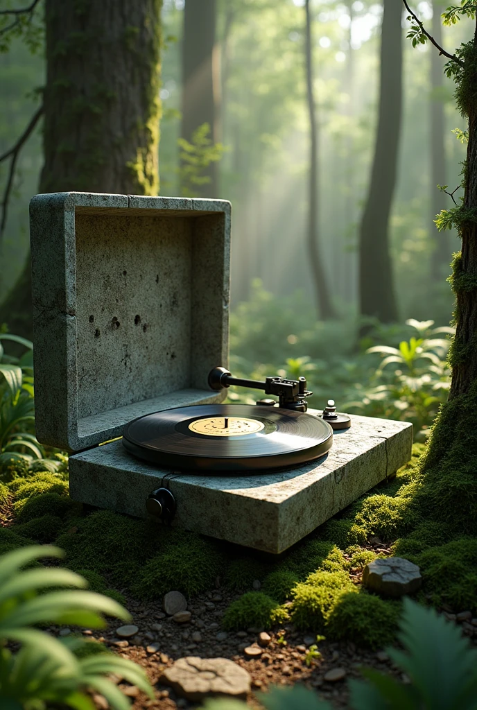 theme：Vintage Record Player made by stone, in forest 