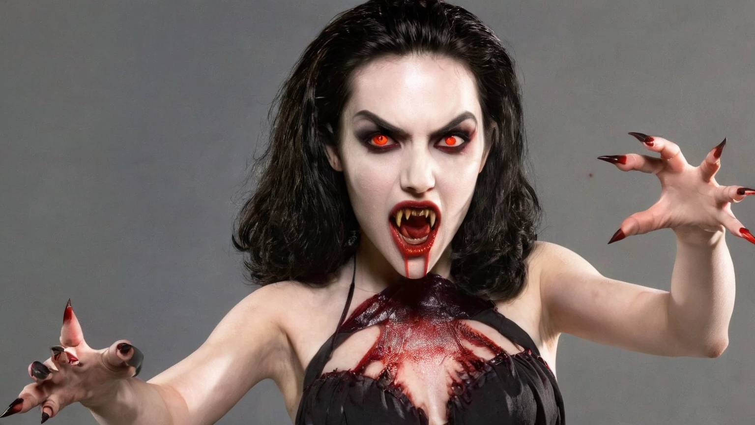 Generate a hyper-realistic image that employs the shallow depth of field technique, Head and sholders portrait to highlight a pretty goth (((vampire))) girl, ((open mouth with vampire canine teeth)) , ((blood dripping from mouth)), (((angry face))), perfect teeth, wearing a gothic dress, ((cut hair with fringe)), tattooed, ((heavy makeup)) , at ((night in a creepy cemitery)) setting, (((under the moonlight))). The girl should be the focal point, with crisp clarity, while the background of the forest should be gently blurred to create a bokeh effect. (((black roses In the foreground))) should be visible but blurred, adding depth to the composition.", adding depth to the composition. Sony Alpha A7R III, macros lens , f/5.6. ((Cinematic purple and pink Lighting)) .