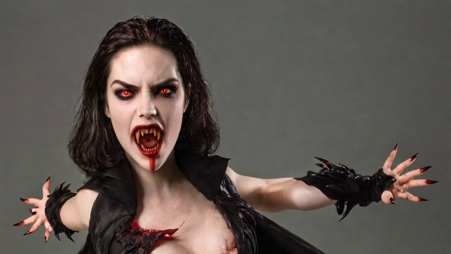 (photorealism:1.2), beautiful woman, young female vampire with long pointed teeth, dark makeup, flaming red eyes, mouth is slightly open, angry frown.  facing left, half body shot. Hands with long talons reach out to her victim