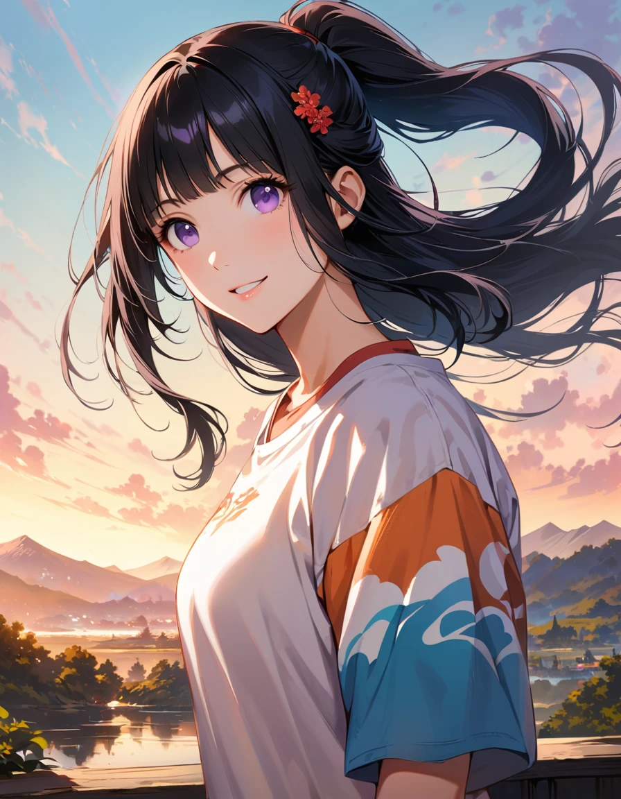 Silhouette of a girl, Lots of Japanese scenery , Modern Japanese Landscape, close, Double Exposure, Gradient Background, (((woman))), ((20 years old)), ((masterpiece)),(best quality),extremely detailed CG,unity 8k wallpaper,ultra detailed,beautiful detailed eyes,extremely detailed face,smile,black hair,sidelocks,blunt bangs,purple eyes,white eyes,no pupils,((joger pants)), (t-shirt), hinata(shippuden), ((hiori kazano)), idolmaster, Detailed eyes, long hair, ponytail, half updo, hair ornament,, (sweet woman), manwha style, cowboy shot, epic realistic