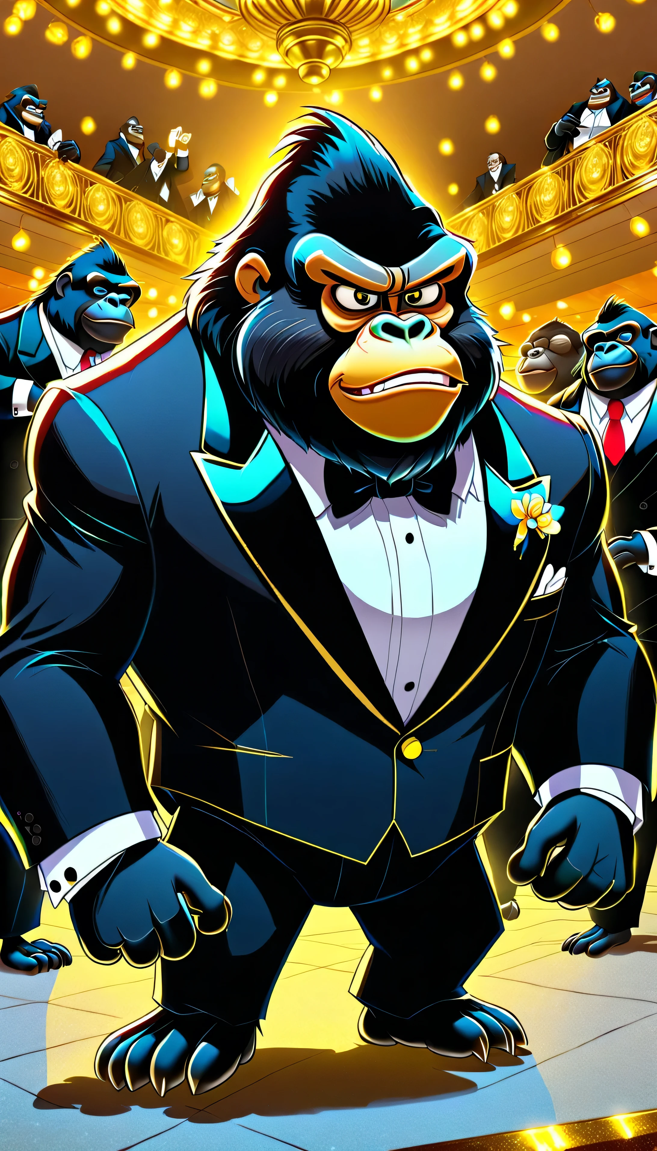 A cartoon gorilla in a tux. He is a bouncer in a high class night club. No monkey business Here!In the background assorted primates mingle about