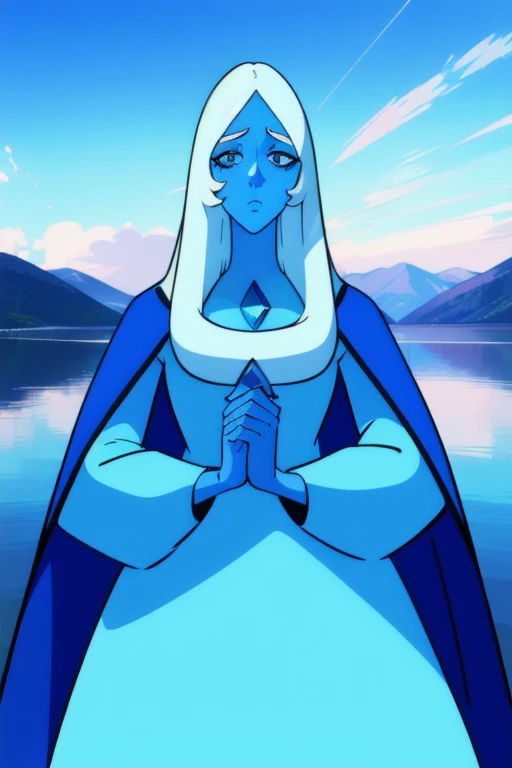 (8k) (high res) (best quality) (masterpiece) blue_diamond, white hair,long hair, blue skin,colored skin,  blue eyes, gem, blue dress, lake, blue hooded cloak, hood on, blue cape, cape covered body,  