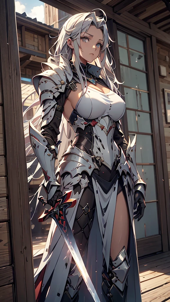 ( a young male knight in fissured silver armor),  handsome, ((He raised a long, shiny sword )),  He Holds a Shield in His Hand ,a giant  Fantasy  gate church behind him, Light from the sky, break silver hair,  black hair, Gradient Hair, whole body, chiaroscuro,  Cinematic Lighting, god rays,  ray tracing , Reflected Light, ((close-up)), break,  Details,Realistic, 4Kの非常に Detailsなデジタルアート , Octane Rendering , Luminous, break 8K resolution concept art,  realism, mapper studio production ,masterpiece, best quality, Official Art,Illustration, line claire ,(nice_color), perfect composition, absurd,  Fantasy ,Concentrated,rule of third