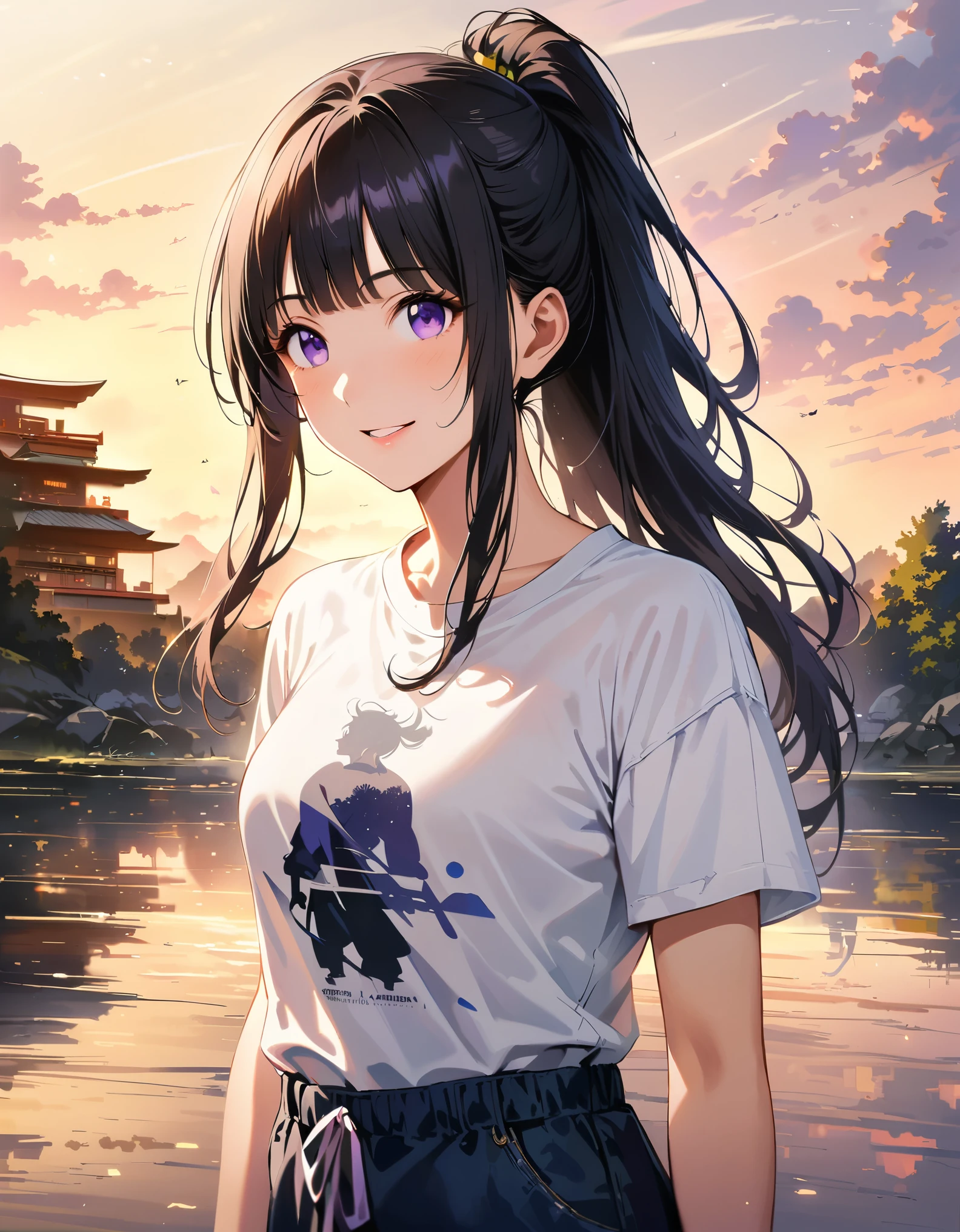 Silhouette of a girl, Lots of Japanese scenery , Modern Japanese Landscape, close, Double Exposure, Gradient Background, (((woman))), ((20 years old)), ((masterpiece)),(best quality),extremely detailed CG,unity 8k wallpaper,ultra detailed,beautiful detailed eyes,extremely detailed face,smile,black hair,sidelocks,blunt bangs,purple eyes,white eyes,no pupils,((joger pants)), (t-shirt), hinata(shippuden), ((hiori kazano)), idolmaster, Detailed eyes, long hair, ponytail, half updo, hair ornament,, (sweet woman), manwha style, cowboy shot, epic realistic