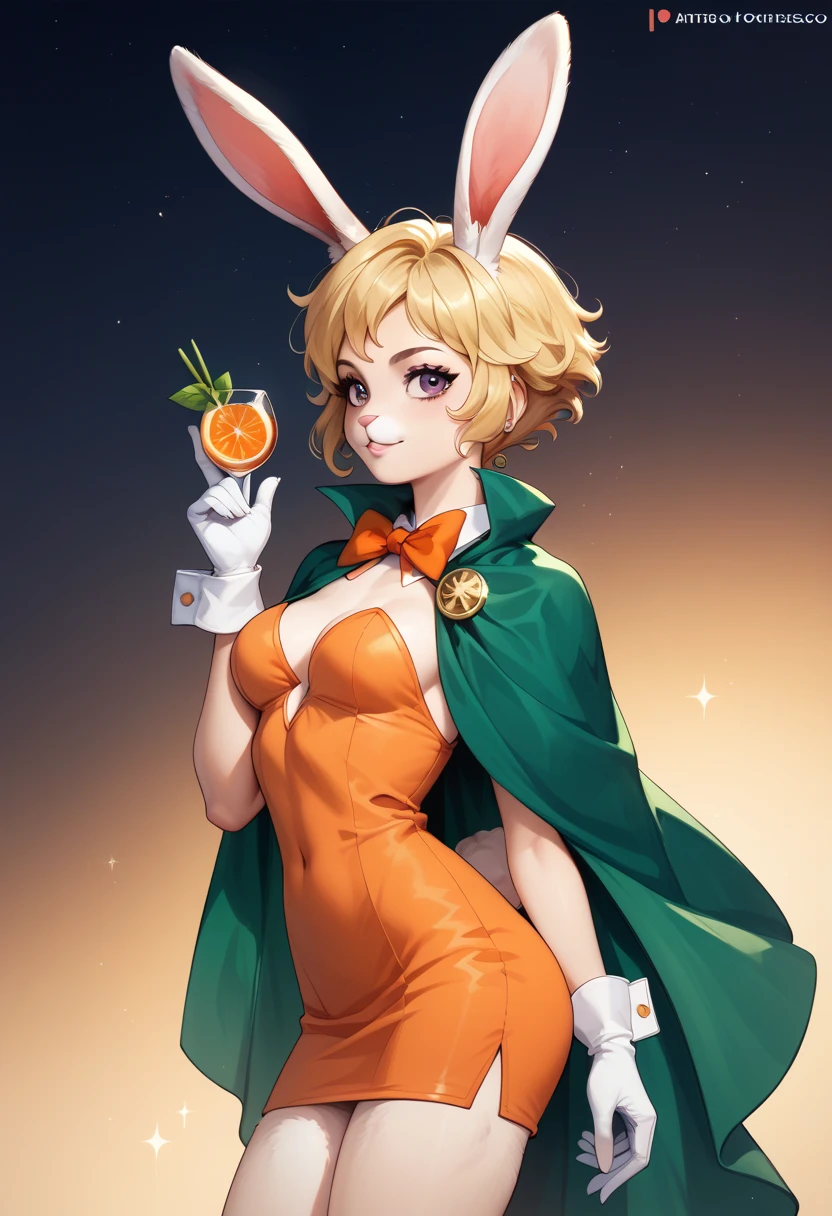 CarrotXLP
orange short dress, bare shoulders, green cape, white gloves, open clothes,,
blonde hair, rabbit ears, rabbit girl, furry female,, luz perfeita,  alta definição , Sensual,sexy