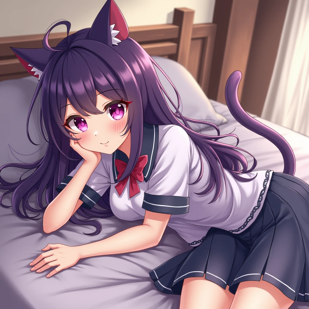 Cute, young, , flat chest, wolf ears, fluffy tail, kneeling, purple eyes, dark purple hair, wearing purple collar, dark purple tail, wearing purple leash, purple skirt, bed