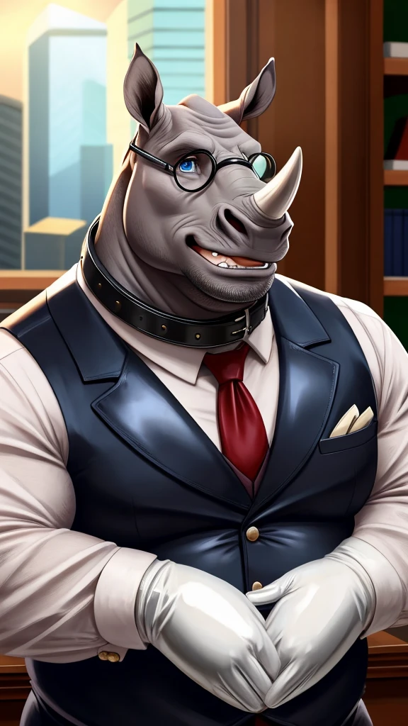 quarter view, close up view, wet, sweating, solo, (ultra detailed), a beautiful and detailed full size portrait of a male bovid, bovine, spanish fighting bull, ((dark gray body, gray skin,18 yearls old)), bedroom eyes, voluptuous, looking at viewer, detailed eyes, big body, curvy_figure, cleavage, voluptuous, sexy body, (wide body). goddess, kenket, Ross Tran,ruan jia, vip, trending on artstation,foxovh, cenematic lighting, full body, ((open shirt, red tie, toeless footwear, buff, muscular anthro, big pecs, serious, big balls, big penis, flaccid, covering, front view)) smile, blush, sitting on cauch, living room, office, unprofessional behavior