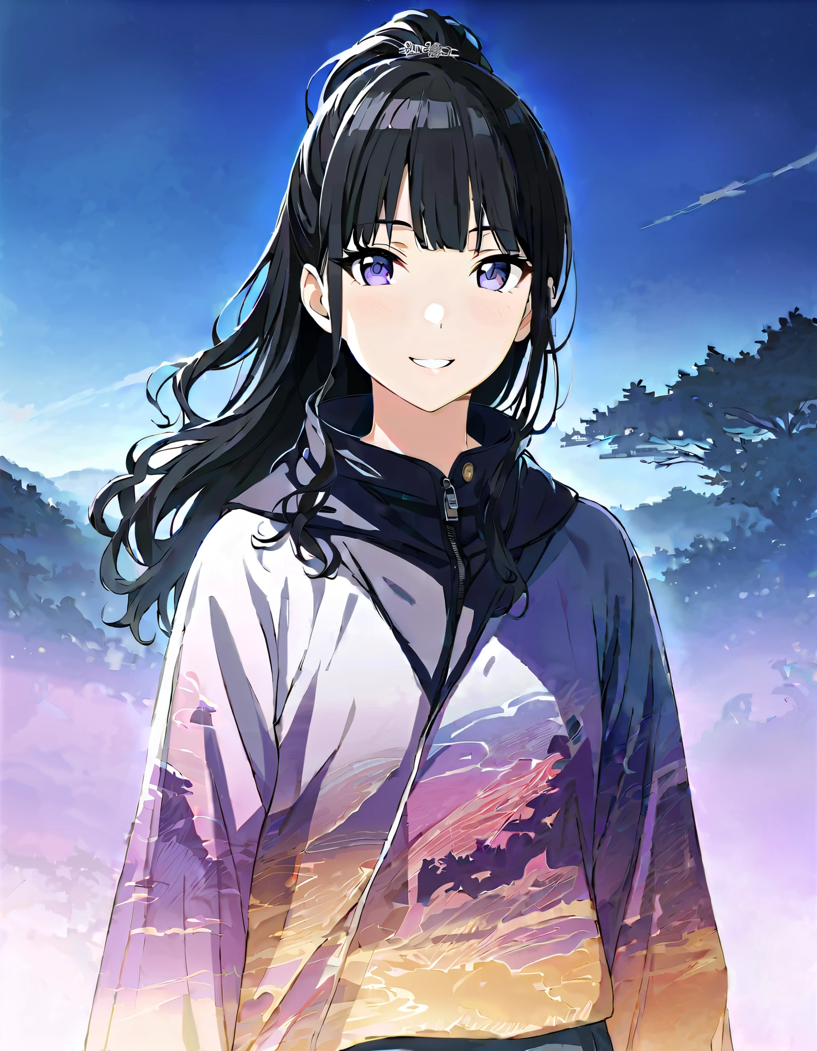 Silhouette of a girl, Lots of Japanese scenery , Modern Japanese Landscape, close, Double Exposure, Gradient Background, (((woman))), ((20 years old)), ((masterpiece)),(best quality),extremely detailed CG,unity 8k wallpaper,ultra detailed,beautiful detailed eyes,extremely detailed face,smile,black hair,sidelocks,blunt bangs,purple eyes,white eyes,no pupils,((joger pants)), (t-shirt), hinata(shippuden), ((hiori kazano)), idolmaster, Detailed eyes, long hair, ponytail, half updo, hair ornament,, (sweet woman), manwha style, cowboy shot, epic realistic