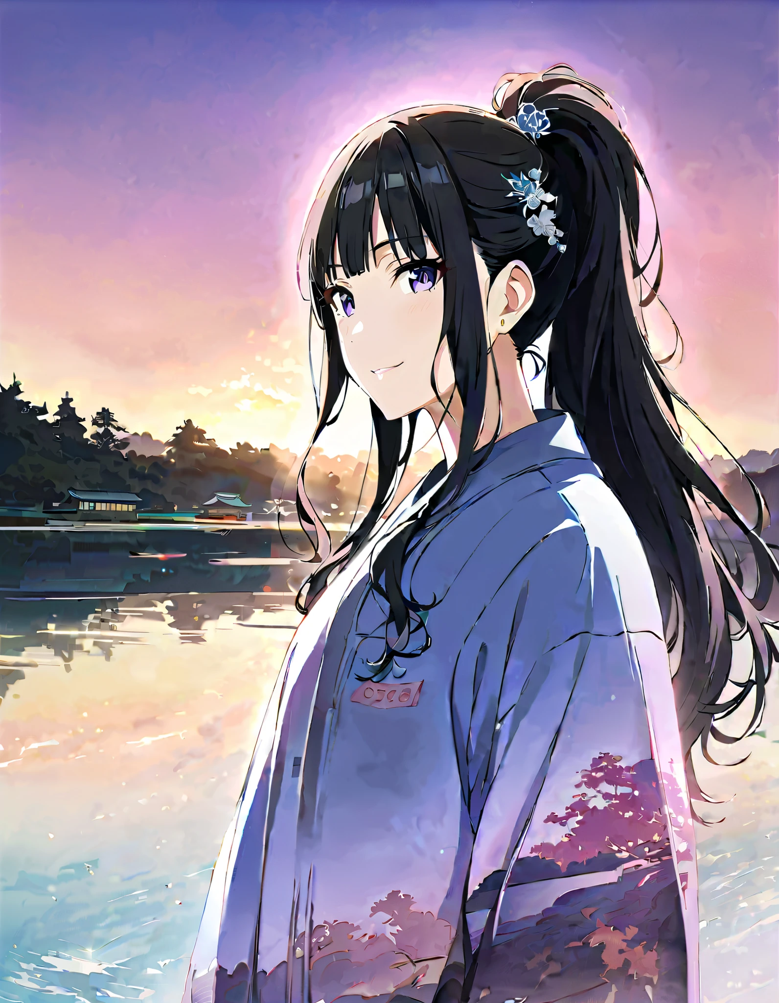 Silhouette of a girl, Lots of Japanese scenery , Modern Japanese Landscape, close, Double Exposure, Gradient Background, (((woman))), ((20 years old)), ((masterpiece)),(best quality),extremely detailed CG,unity 8k wallpaper,ultra detailed,beautiful detailed eyes,extremely detailed face,smile,black hair,sidelocks,blunt bangs,purple eyes,white eyes,no pupils,((joger pants)), (t-shirt), hinata(shippuden), ((hiori kazano)), idolmaster, Detailed eyes, long hair, ponytail, half updo, hair ornament,, (sweet woman), manwha style, cowboy shot, epic realistic