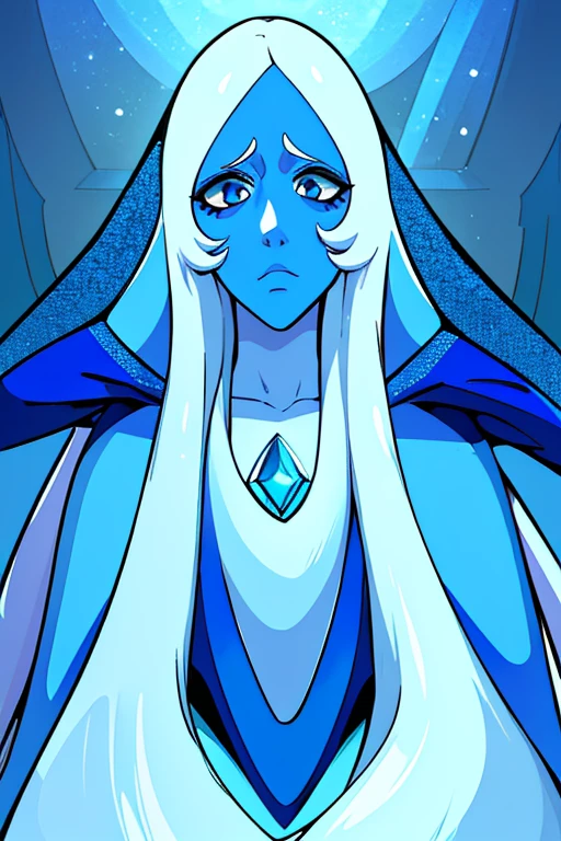 (8k) (high res) (best quality) (masterpiece) blue_diamond, white hair,long hair, sad look, blue skin,colored skin,  blue eyes, gem, blue dress, lake, blue hooded cloak, hood on, blue cape, cape covered full body,  