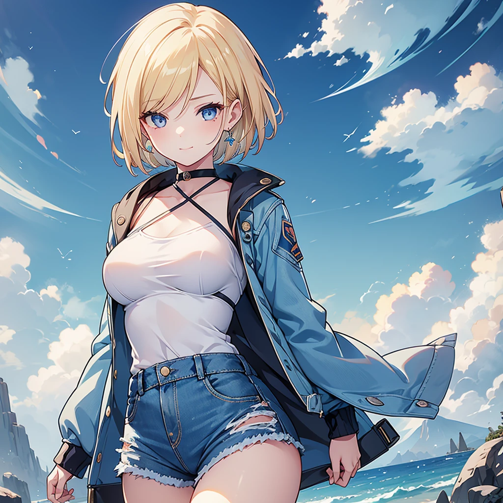 1 girl, Alone, Android 18, by rubio, Blue eyes, short hair, jewelry, earrings, SMILE, Jacket, looking to the side, denim, denim Jacket, Upper part of the body, lingerie, Closed mouth, cloud, sky, day, looking away, blue sky, collarbuno,