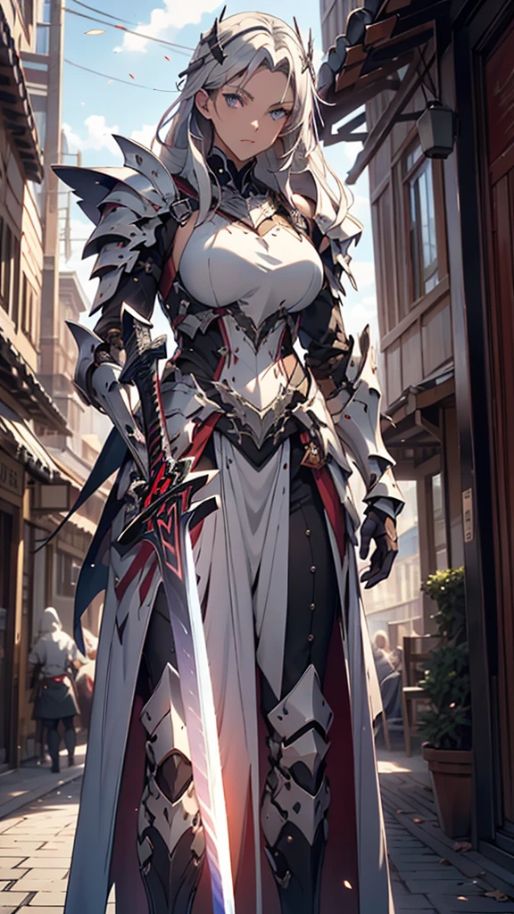 (A young male knight wearing fissured purple armor),  handsome, ((He raised a long, shiny sword )),  He Holds a Shield in His Hand ,a giant  Fantasy  gate church behind him, Light from the sky, break silver hair,  black hair, Gradient Hair, whole body, chiaroscuro,  Cinematic Lighting, god rays,  ray tracing , Reflected Light, ((close-up)), break,  Details,Realistic, 4Kの非常に Detailsなデジタルアート , Octane Rendering , Luminous, break 8K resolution concept art,  realism, mapper studio production ,masterpiece, best quality, Official Art,Illustration, line claire ,(nice_color), perfect composition, absurd,  Fantasy ,Concentrated,rule of third,