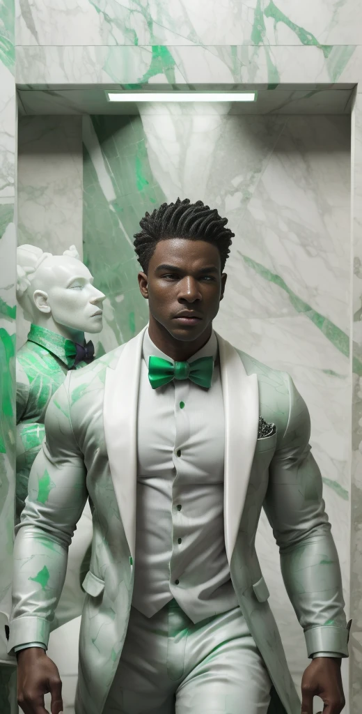 A very muscular realistic African American stud green emerald marble sculpture carefully detailed wearing a ghostly stealth blazer, shirt, bow tie, jacket, fundo neutro, Moody, , fotorrealista, Jantar de cinema atencioso, super detalhada, Hiper realista, luzes brilhantes, 8 mil em 8k