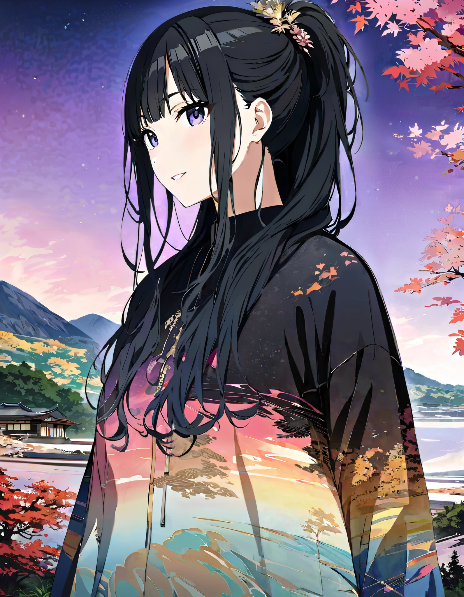 Silhouette of a girl, Lots of Japanese scenery , Modern Japanese Landscape, close, Double Exposure, Gradient Background, (((woman))), ((20 years old)), ((masterpiece)),(best quality),extremely detailed CG,unity 8k wallpaper,ultra detailed,beautiful detailed eyes,extremely detailed face,smile,black hair,sidelocks,blunt bangs,purple eyes,white eyes,no pupils,((joger pants)), (t-shirt), hinata(shippuden), ((hiori kazano)), idolmaster, Detailed eyes, long hair, ponytail, half updo, hair ornament,, (sweet woman), manwha style, cowboy shot, epic realistic