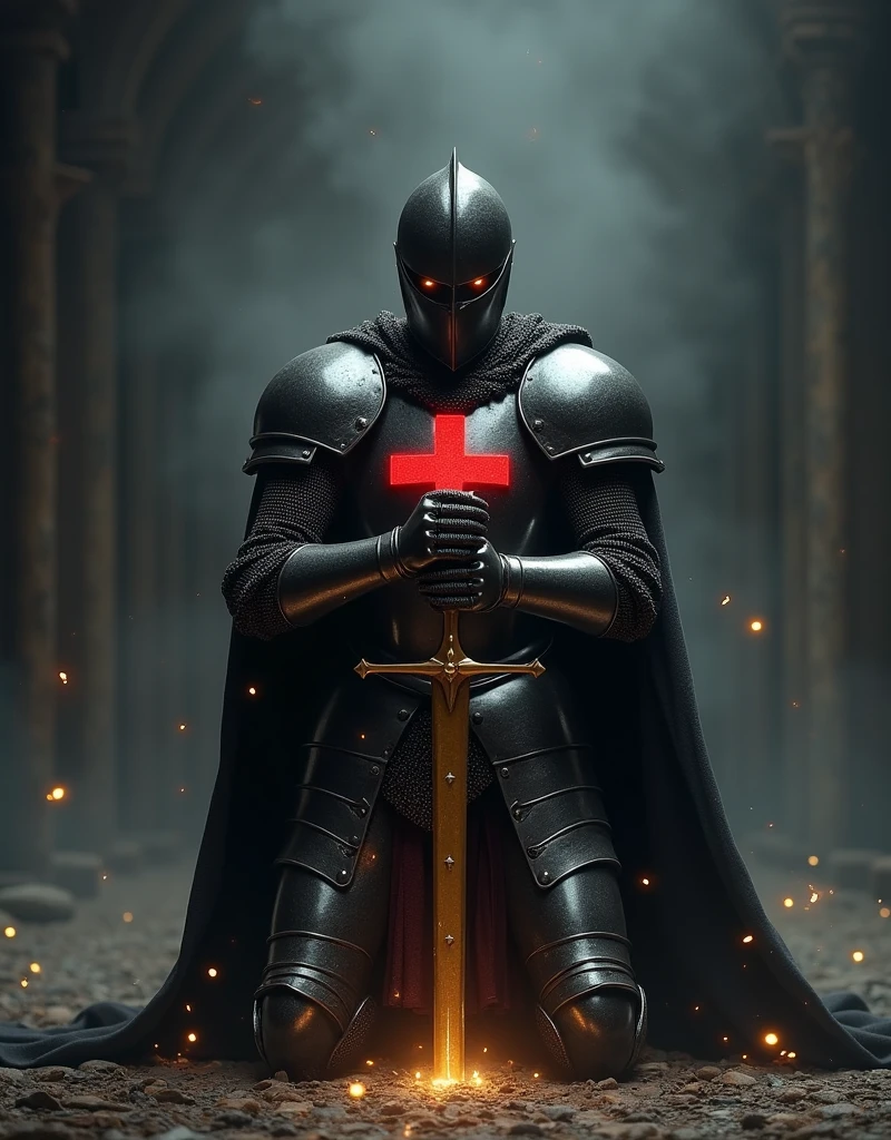  A medieval knight in detailed, shimmering black armor,  with a bright red cross on his chest and shoulders ,  kneeling in a pose of reverence or prayer .  He holds his golden sword with both hands ,  with the tip of the sword touching the ground .  The environment is dark and mysterious ,  with particles floating in the air and a faint glow around the rider ,  creating an epic and sacred atmosphere .  Dark background with dramatic lighting that highlights the rider and reflects on the armor, evoking power, faith and humility .