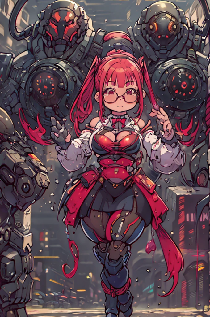 ((dark skin)), (house wife), (Cute), ((large round glasses)), ((Red Hair)), Very long hair, ((ponytail)), blunt bangs, hair ribbon, light red eyes, gigantic breasts, large areolae, ((erect nipples)), (((bondage))), (((mecha))), (clothed), Heavy Armor, miniskirt, yellow jacket, see through, (bare shoulders), Collar, red bowtie, (cyberpunk), (((full body))), outstretched arms, standing, Shiny body, chibi, super big breasts,