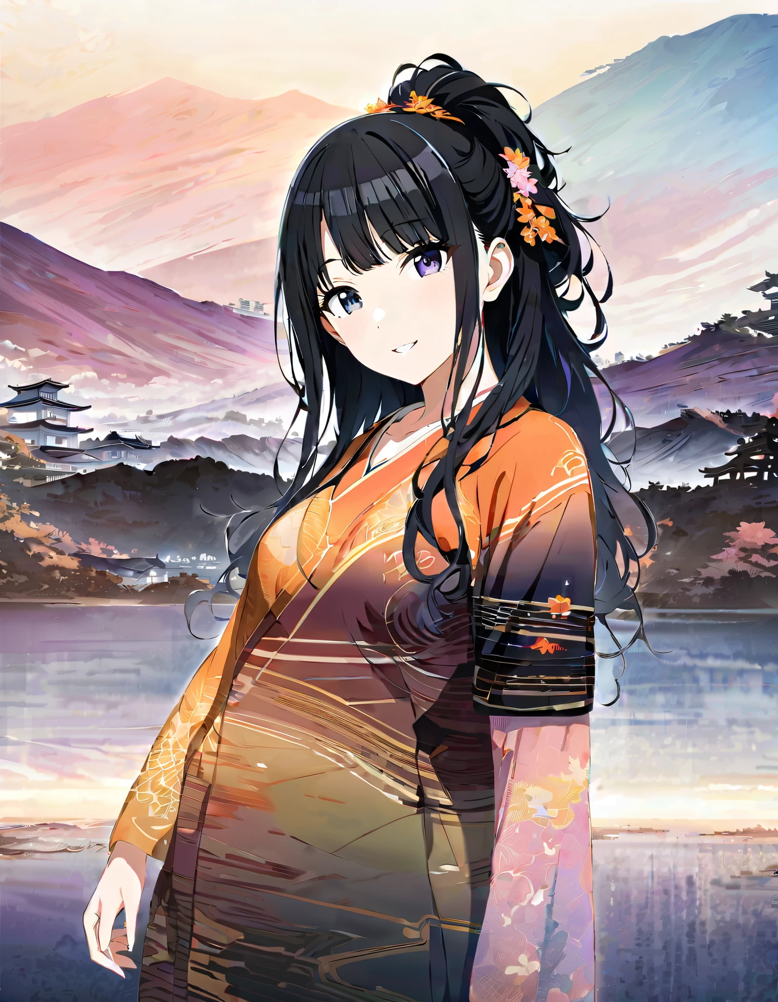 Silhouette of a girl, Lots of Japanese scenery , Modern Japanese Landscape, close, Double Exposure, Gradient Background, (((woman))), ((20 years old)), ((masterpiece)),(best quality),extremely detailed CG,unity 8k wallpaper,ultra detailed,beautiful detailed eyes,extremely detailed face,smile,black hair,sidelocks,blunt bangs,purple eyes,white eyes,no pupils,((joger pants)), (t-shirt), hinata(shippuden), ((hiori kazano)), idolmaster, Detailed eyes, long hair, ponytail, half updo, hair ornament,, (sweet woman), manwha style, cowboy shot, epic realistic