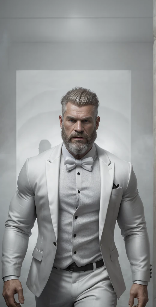 A very muscular realistic Caucasian Viking bearded stud carefully detailed wearing a ghostly stealth blazer, shirt, bow tie, jacket, fundo neutro, Moody, , fotorrealista, Jantar de cinema atencioso, super detalhada, Hiper realista, luzes brilhantes, 8 mil em 8k