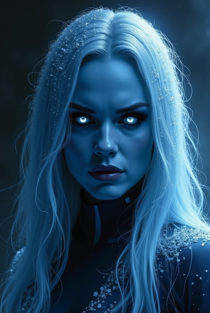very attractive 25 year old girl with long platinum blonde hair, dressed as mystique from x-men, blue skin, photo quality