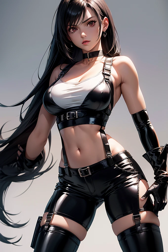 There is a woman in black and white posing for it, alluring tipha lockhart portrait, 3 D rendering character art 8 K, render of april, photorealistic anime girl rendering, tifa lockhart portrait, Tifa Lockhart, portrait of tifa lockhart, ff Tifa, highly detailed character, Tifa Lockhart with white hair, wlop glossy skin, author:Oliver Sheen
