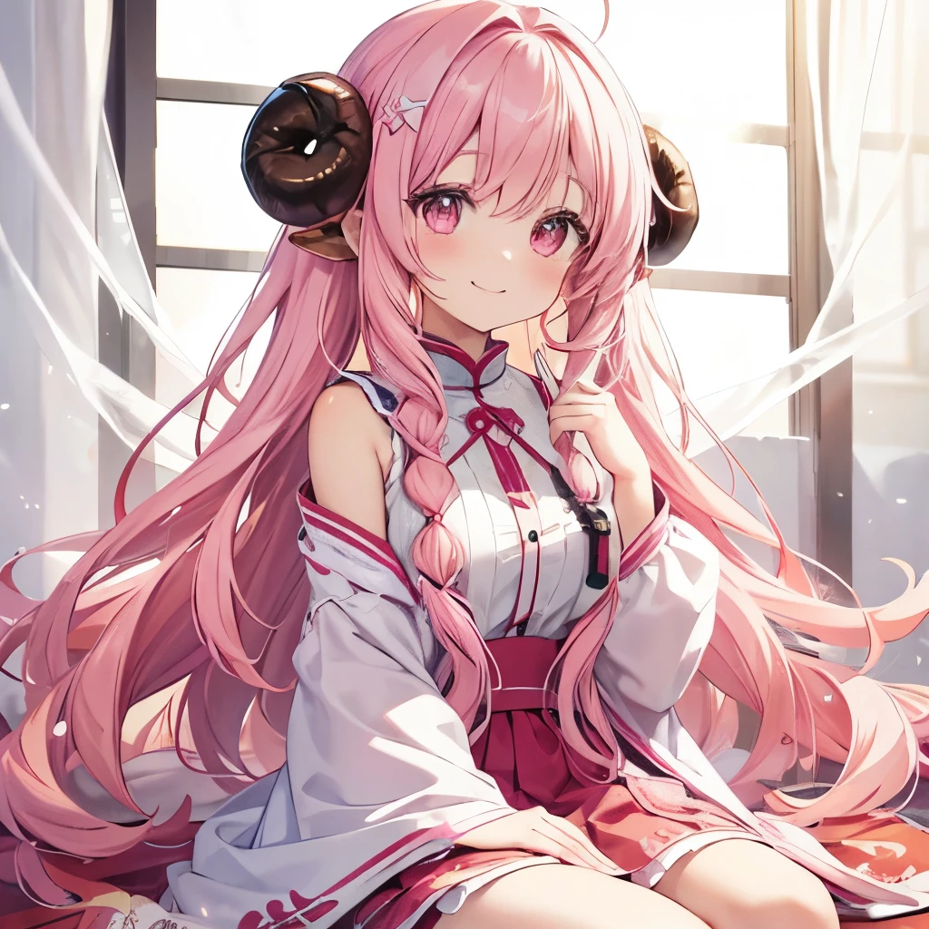 “An anime-style illustration of ‘Fua-chan’ smiling warmly, radiating happiness and positivity. Fua-chan has long pink hair styled in soft curls resembling sheep’s horns, and her pink eyes sparkle with joy. She is depicted standing or sitting, her posture relaxed and natural, with her expression full of warmth and cheer. Her smile is bright and infectious, conveying a sense of kindness and optimism. The background is softly blurred, perhaps with gentle lighting or a simple, cheerful setting, emphasizing her glowing, cheerful personality.