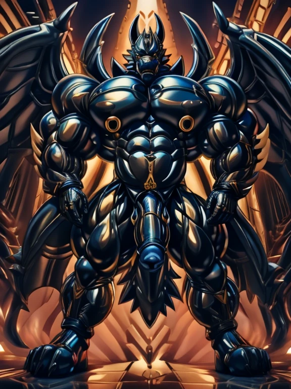 Huge muscles,Devilish wings,Devilish horns,Clear liquid dripping from penis,black costume,Huge erect penis,Ready your weapon,Fallen angel radiating an evil aura,devil-like penis