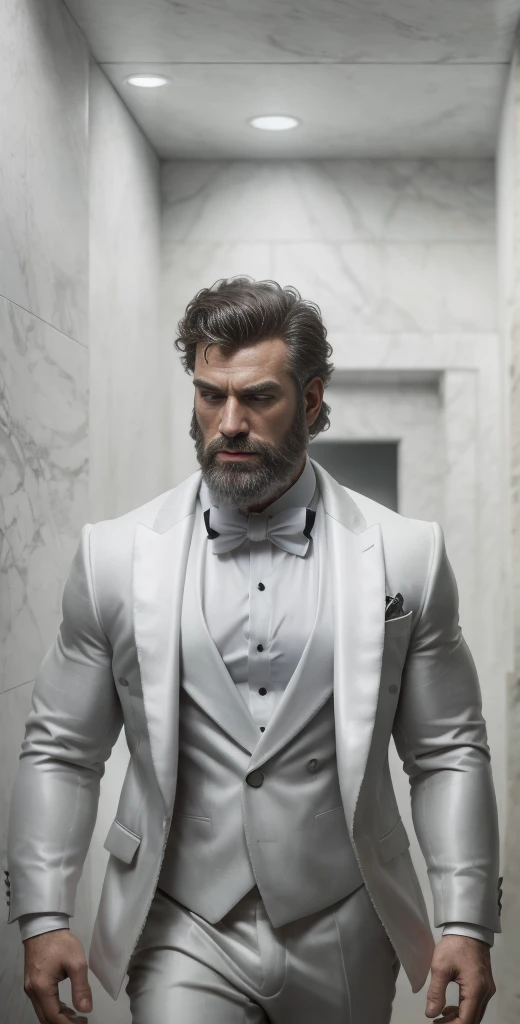 A very muscular realistic Caucasian Swiss bearded stud carefully detailed wearing a ghostly stealth blazer, shirt, bow tie, jacket, fundo neutro, Moody, , fotorrealista, Jantar de cinema atencioso, super detalhada, Hiper realista, luzes brilhantes, 8 mil em 8k