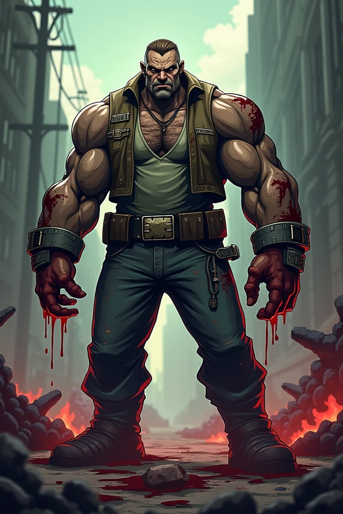 Muscular demon holding a knife with Miguelon written on it in blood, and a shirt that says TEROR MG