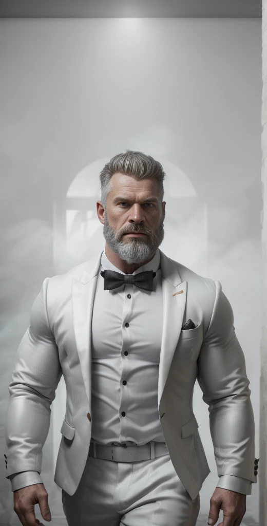 A very muscular realistic swollen Caucasian Viking bearded stud carefully detailed wearing a ghostly stealth blazer, shirt, bow tie, jacket, fundo neutro, Moody, , fotorrealista, Jantar de cinema atencioso, super detalhada, Hiper realista, luzes brilhantes, 8 mil em 8k