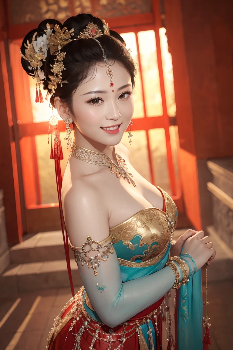 best quality, 8k, very delicate and beautiful, highly detailed face and skin texture, shiny skin, high resolution, huge  sexy chinese girl in colorfull costume stand and smile in ancient temple, sharp focus
