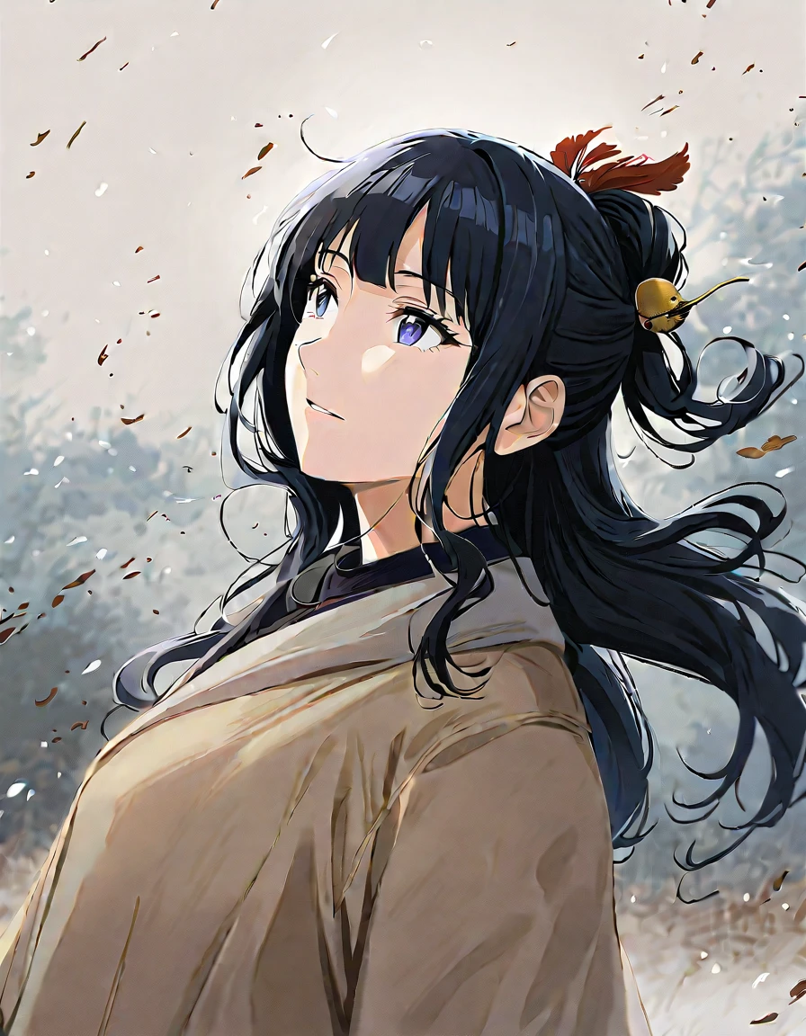 an hiperealistic shot of hinata(shippuden), ((hiori kazano)), idolmaster, Detailed eyes, long hair, ponytail, half updo, hair ornament,, (sweet woman), manwha style, windy day, flowing hair, dry leaf flying, snowing field, ((trully happy))
