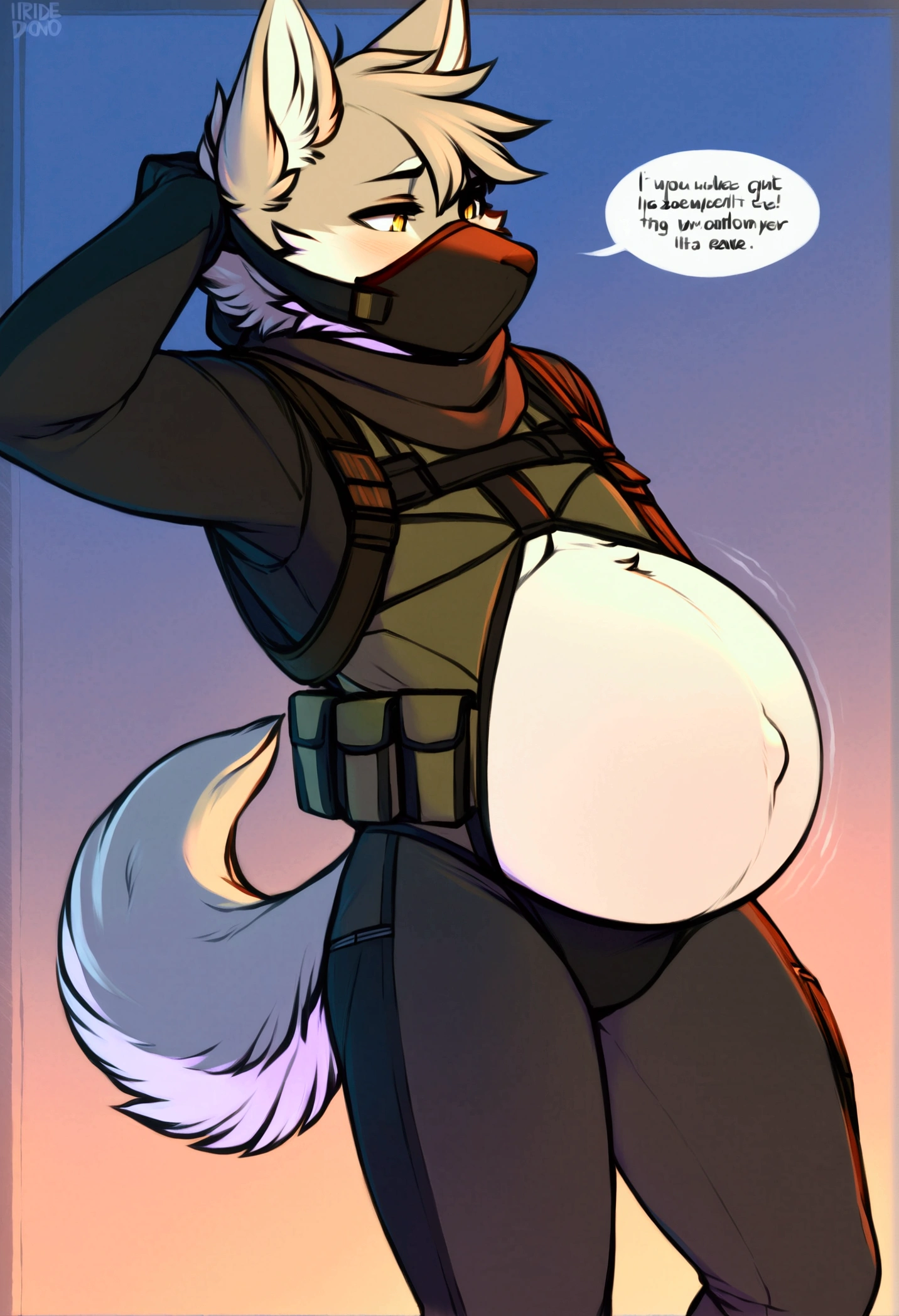 grim reaper, scythe behind character, masculine, POV view, made by hanuvo, profile image, fluffly, black military uniform, Black Ballistic Vest, black uniform, military position, military radio backpack, black tactical protective glasses, black gloves on the paws, skull mask on face, black military clothing, eyes black, white pupils, slut position