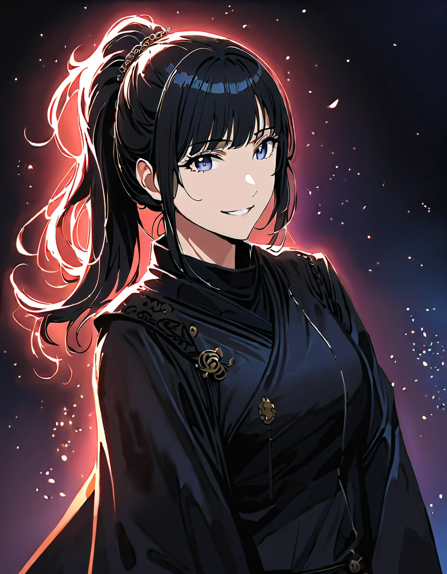 an hiperealistic shot of hinata(shippuden), ((hiori kazano)), idolmaster, Detailed eyes, long hair, ponytail, half updo, hair ornament,, (sweet woman), manwha style, 1girl, wearing a black colour frock, stylish dress, at night , black colour hair, 8k, high detailed, high quality, full body, ((SMILING)), HAPPY
