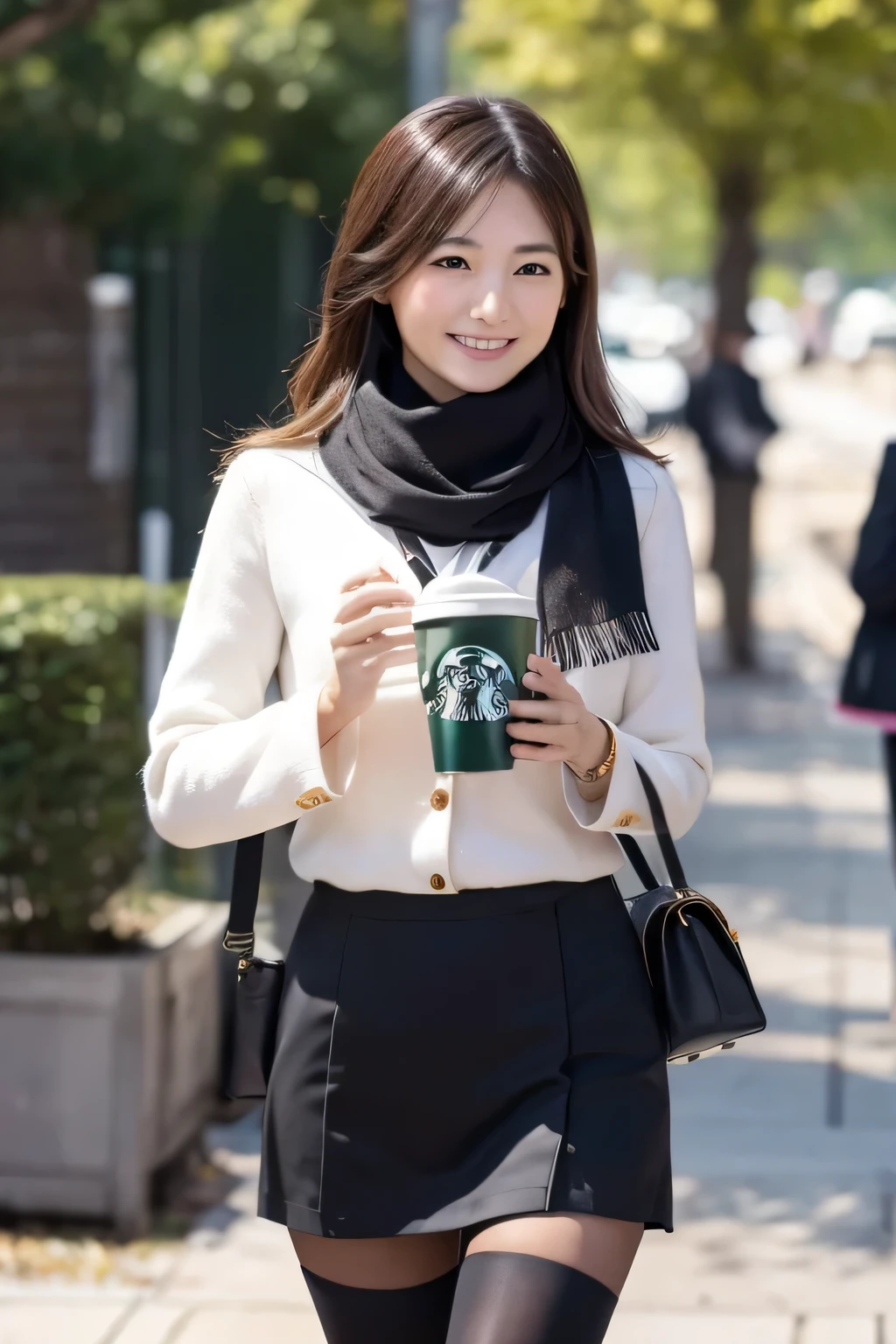 ((masterpiece)), Japanese, ((One secretary)), smile, Outdoor, ( black tights ), scarf, Starbucks Cup,  office suit、commute、(closeup to thighs), 