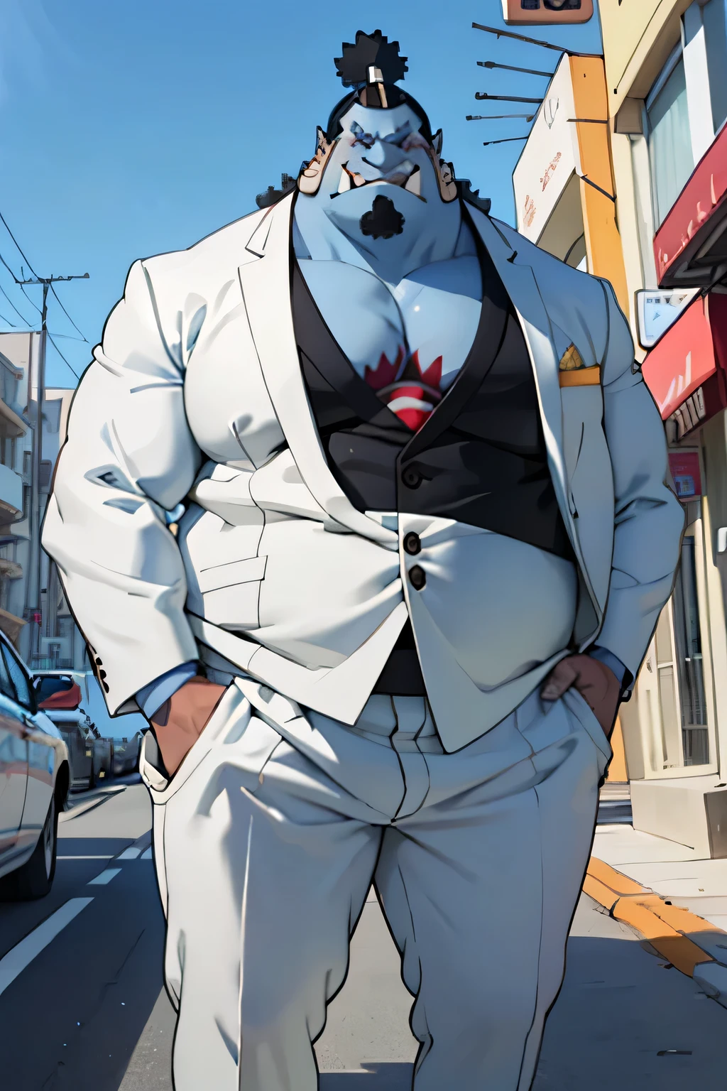 chubby man (jinbei) in street and wearing black suits, smile, blue skin, muscular, pectoral, wide pectoral, beach, palm, realistic, 8k, masterpiece, (wearing white suits )