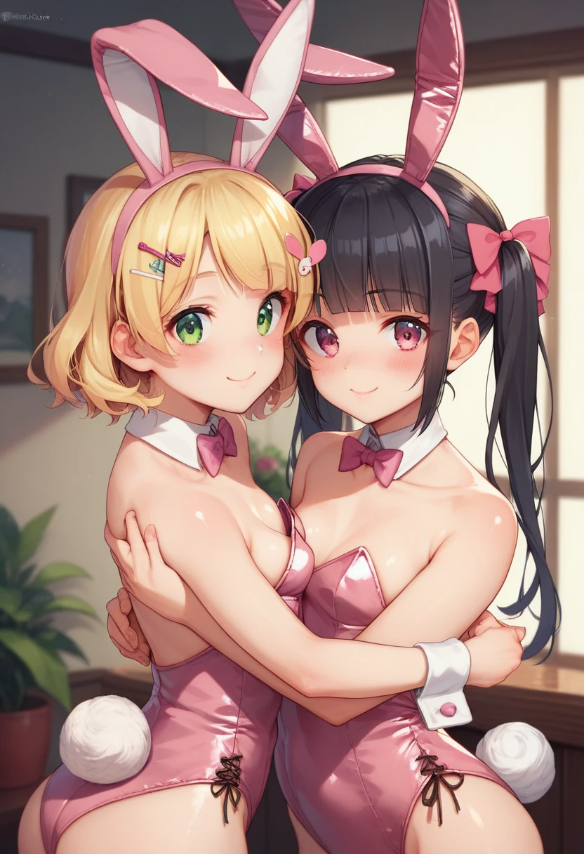 mastute piece,Best Quality,insanely detailed,8k cg,nsfw,
take a picture of the whole body,3girl,3girls line up,press breast together,3girls look at front,(reverse outfit,bunny girl),open clothes,blush,shy,ecstasy face,gasping,3girls pink hair,perfect breasts,perfect nipples,open mouth,casino,