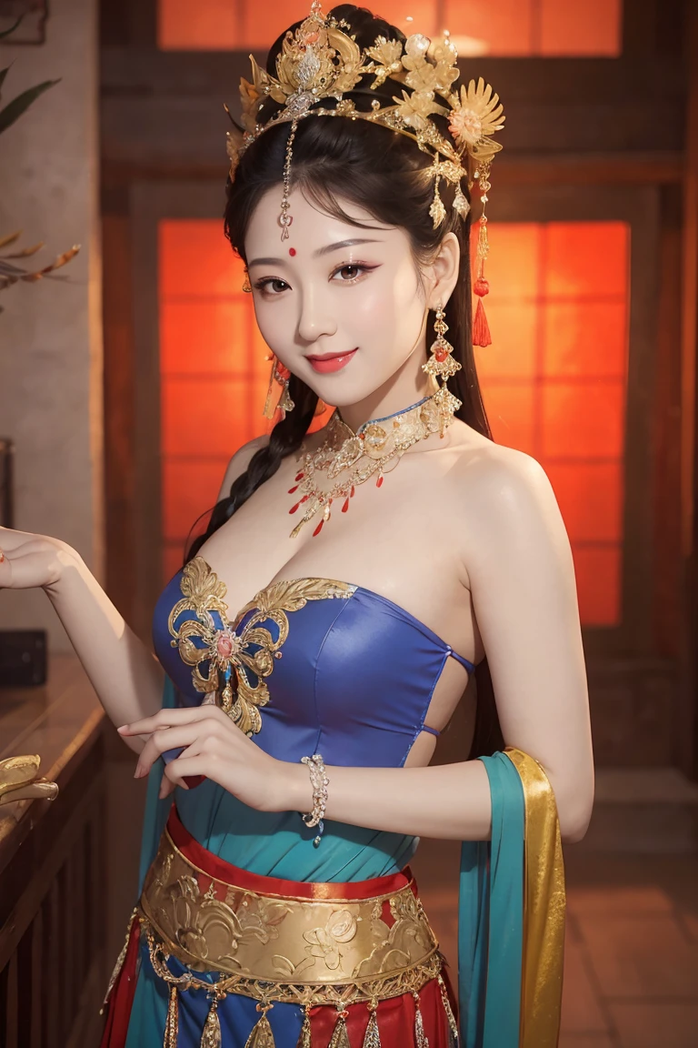 best quality, 8k, very delicate and beautiful, highly detailed face and skin texture, shiny skin, high resolution, huge  sexy chinese girl in colorfull costume stand and smile in ancient temple, sharp focus, 2/3 body's, slightly side standing up pose,
