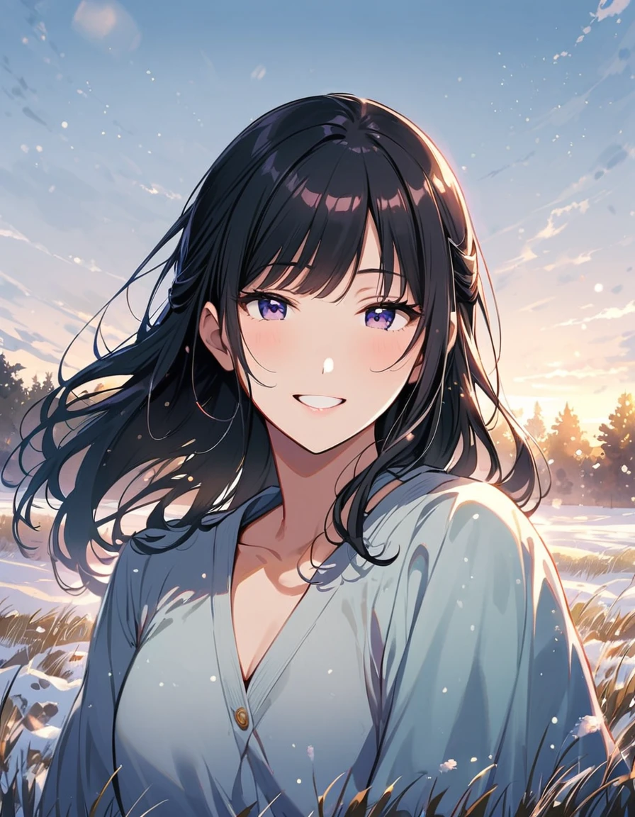 an hiperealistic shot of hinata(shippuden), ((hiori kazano)), idolmaster, Detailed eyes, long hair, ponytail, half updo, hair ornament,, (sweet woman), manwha style, in a snowy field, happy, smilling
