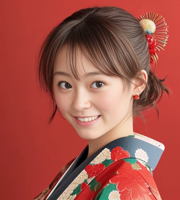 ((masutepiece, Highest Quality, super definition, High resolution)), ((body shot:1.5)), Looking back, (1 slender woman of Japan, 28 years old), sony a7, Film grain, a dark night, Photorealistic, one-point perspective, diffuse reflection, colorful shiny particles, Lens Flare, Soft lighting,  smile, dark brown hair, ((Hair UP)), (Red Fine Floral Pattern:1.4), (Thin hair ornament:1.3), hyperdetailed face, Detailed eyes, Double eyelids, Wearing a kimono with a traditional pattern of Japan:1.3, BREAK (Red background, (Background of random Japanese patterns), Gradation:1.3), High quality, 4K,