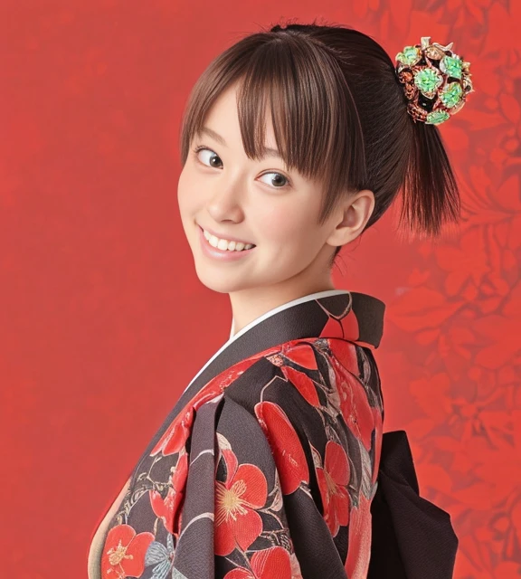 ((masutepiece, Highest Quality, super definition, High resolution)), ((body shot:1.5)), Looking back, (1 slender woman of Japan, 28 years old), sony a7, Film grain, a dark night, Photorealistic, one-point perspective, diffuse reflection, colorful shiny particles, Lens Flare, Soft lighting, Seductive smile, dark brown hair, ((Hair UP)), (Red Fine Floral Pattern:1.4), (Thin hair ornament:1.3), hyperdetailed face, Detailed eyes, Double eyelids, Wearing a kimono with a traditional pattern of Japan:1.3, BREAK (Red background, (Background of random Japanese patterns), Gradation:1.3), High quality, 4K,