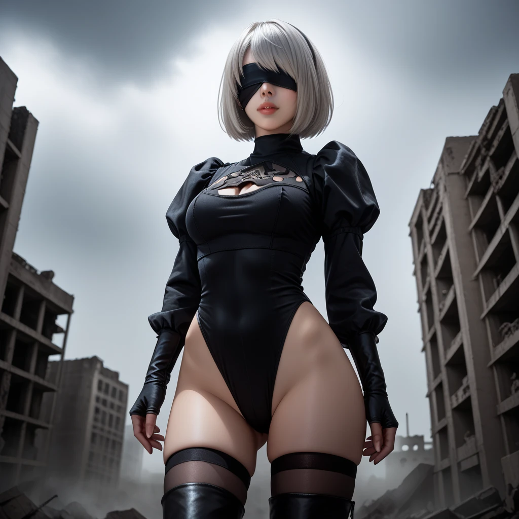  score_9,  score_8_up,  score_7_up, 32K,masterpiece, Best Quality, 
Realistic, super detail,  bright colors,  chiaroscuro lighting,  Movie Lighting,
1 female, inspired nier automata 2B,
 very detailed face ,  bob cut,  silver hair, bangs,  mole under the mouth, Blindfold,
2B leotard dress ,  clevage cutout, skirt,  thigh-length underboots,
Ruins,  Ruined World,  ruined city, In the dark, hazy atmosphere of a dark cloudy sky ,
 Seductive Poses, Dramatic angle, NSFW, not safe for work, 