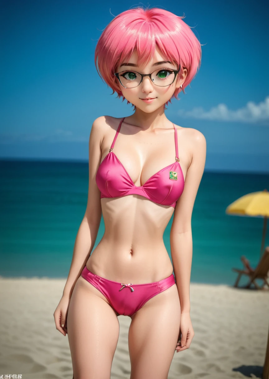  very young  ，Elita,  Pink Hair,  Shorthair, Green Eyes,  small breasts,  micro bikini,  pink bikini, Silk Bikini,  Fisheye Lens ， very young 少女，Very short stature:1.3，Round face，Baby Face，Glasses， toddler figure :1.2， flat chested， Thin Thighs ，Very short legs，Very small ass，smile,  Just Focus ,  COWBOY SHOOTING , [ Dynamic Poses,  beach , , illumination, shadow,  Blurry Background , Realistic, masterpiece,  High Quality , 最 High Quality ,  perfect face, expressive eyes