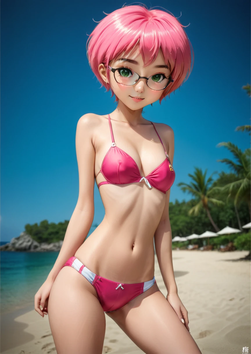  very young  ，Elita,  Pink Hair,  Shorthair, Green Eyes,  small breasts,  micro bikini,  pink bikini, Silk Bikini,  Fisheye Lens ， very young 少女，Very short stature:1.3，Round face，Baby Face，Glasses， toddler figure :1.2， flat chested， Thin Thighs ，Very short legs，Very small ass，smile,  Just Focus ,  COWBOY SHOOTING , [ Dynamic Poses,  beach , , illumination, shadow,  Blurry Background , Realistic, masterpiece,  High Quality , 最 High Quality ,  perfect face, expressive eyes