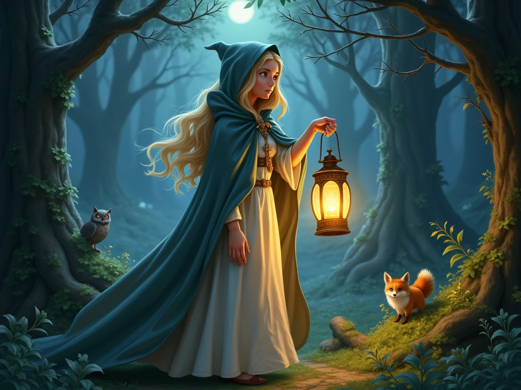photo of Irina from "The Journey of the Witch", a young witch wearing a pointed hat and a cloak, standing on a cliff overlooking a vast magical forest. She is holding a glowing crystal in one hand, while her other hand is outstretched towards a group of friendly woodland creatures, including a wise old owl, a playful fox, and a mischievous rabbit, all casting curious glances at her. The sky above is filled with swirling colors of