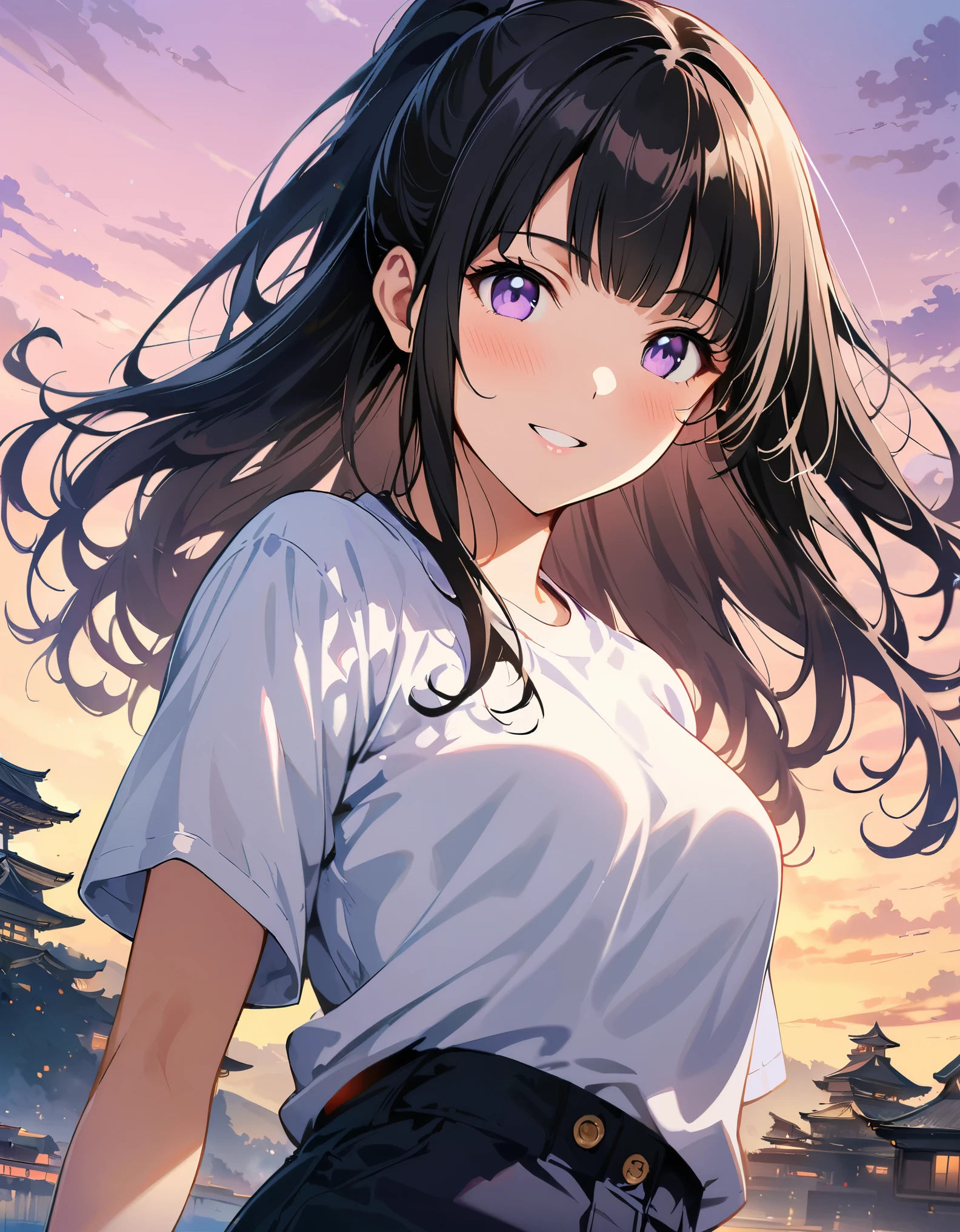 Silhouette of a girl, Lots of Japanese scenery , Modern Japanese Landscape, close, Double Exposure, Gradient Background, (((woman))), ((20 years old)), ((masterpiece)),(best quality),extremely detailed CG,unity 8k wallpaper,ultra detailed,beautiful detailed eyes,extremely detailed face,smile,black hair,sidelocks,blunt bangs,purple eyes,white eyes,no pupils,((joger pants)), (t-shirt), hinata(shippuden), ((hiori kazano)), idolmaster, Detailed eyes, long hair, ponytail, half updo, hair ornament,, (sweet woman), manwha style, cowboy shot, epic realistic