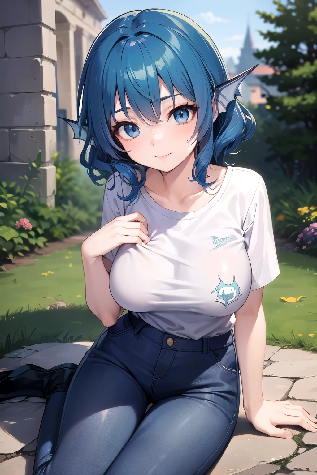 wakasagihime, 1women, age 20, big breast, blue hair, short hair, blue eyes, head fins, pants, t-shirt, fantasy character, medieval times, seductive smile, masterpiece, best quality.