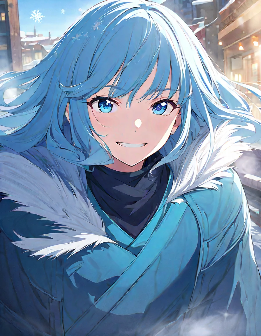 (best quality,Super precise depiction,woman,perfect anime illustration), sweet woman on the village,blue sky,winter city,anime style,cerulean color,kunoichi,ninja,soft sunlight,strong shadows,detailed background,flowing dark cerulean hair,laughing expression,clean lines,crisp details,high resolution,impeccable shading,realistic lighting effect,sparkling snowflakes,frosty breath,icy sidewalks,cozy atmosphere, haruyukiarita,hiperdetalhado,traços maduros da hiori kazano, ((byakugan in her eyes))
