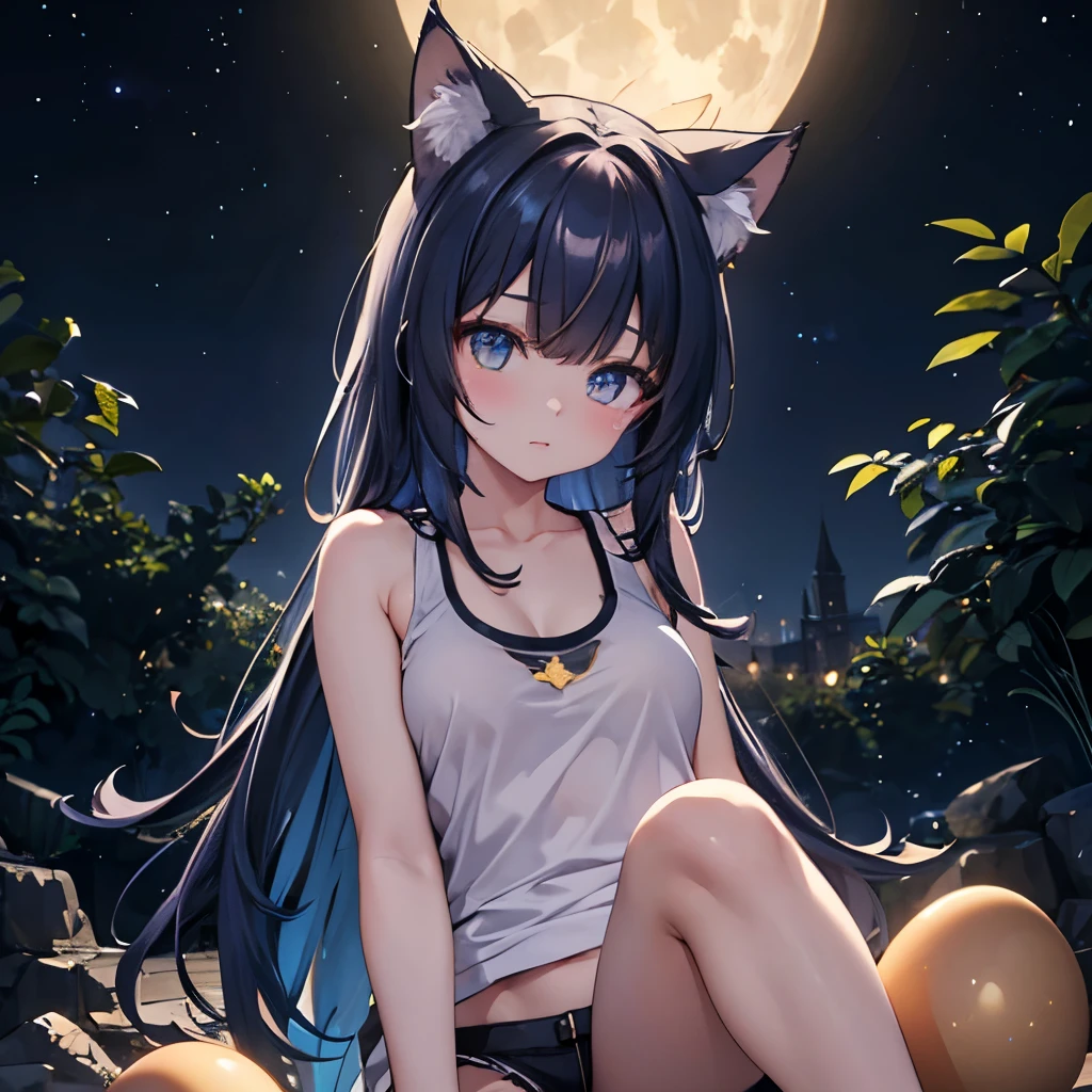 master part, high, high quality, detailed face, Detailed body, full body, slim body, nude, 1girl, solo, hinata hyuuga, long hair, blue hair, nude shoulders, large breasts, fox ears, fox tails, necklace, bracelet, hair ornament, on all fours, sexy pose, happy, blushes, night, space, nebula, moon and stars, galaxy